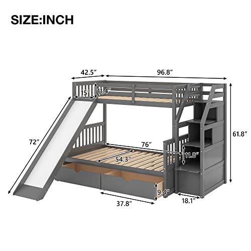 Twin Over Full Bunk Bed with Slide and Stairs for Kids I642