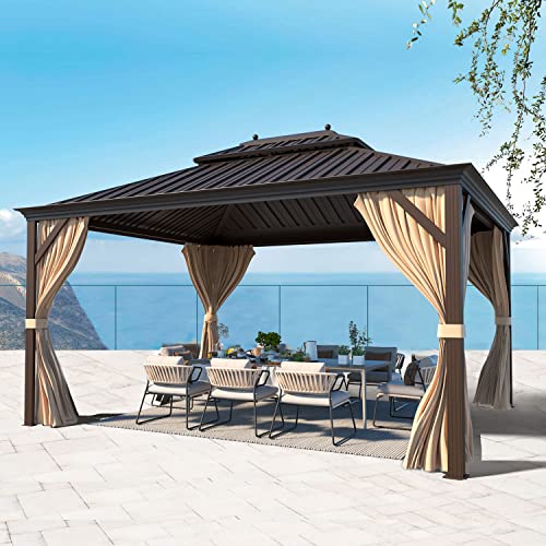 12x16 ft Hardtop Gazebo with Double Roof, Curtains and Netting T94173