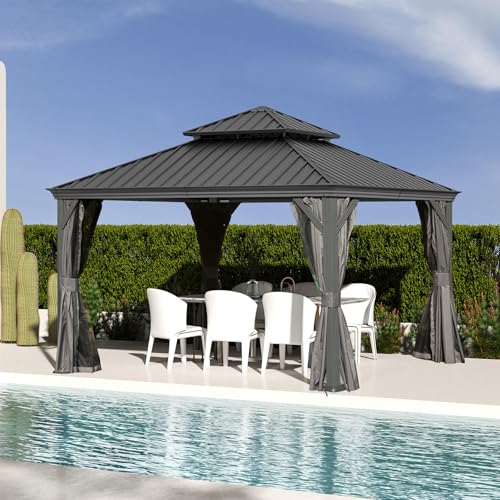 10 x 10 ft Hardtop Gazebo with Netting and Curtains, Galvanized Steel Roof for Patio K80436