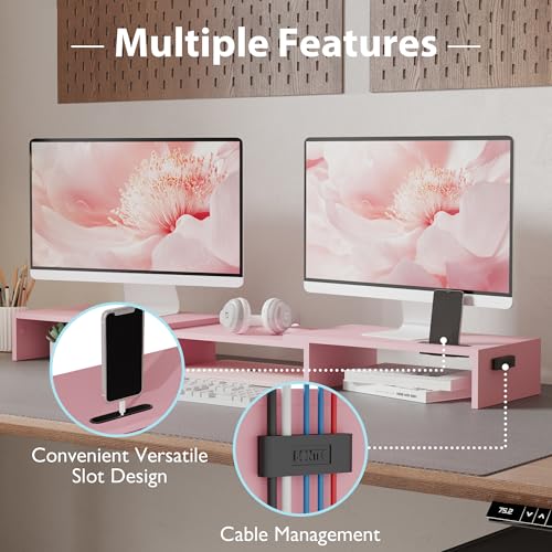 Dual Monitor Stand Riser with Smartphone Holder, Adjustable Wooden Desk Organizer B984