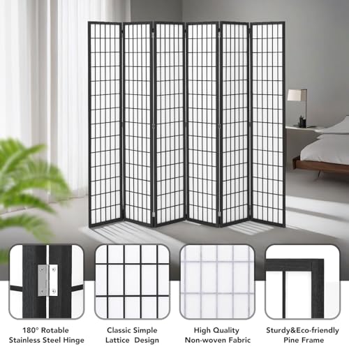 6 Panel Folding Room Divider, Japanese Shoji Screen, 5.9 Ft, Natural T81976