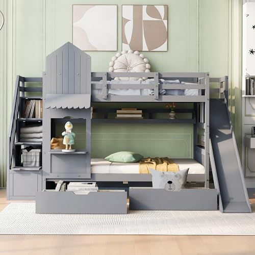 Twin Over Twin Bunk Bed with Stairs and Slide, Solid Wood Frame with Storage B8483