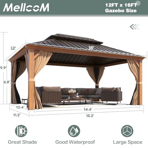 12x16 ft Hardtop Gazebo with Double Roof, Curtains and Netting T94173
