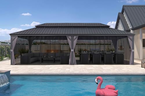 10' x 14' Permanent Hardtop Gazebo with Galvanized Steel Double Roof, Curtains and Netting Included M871