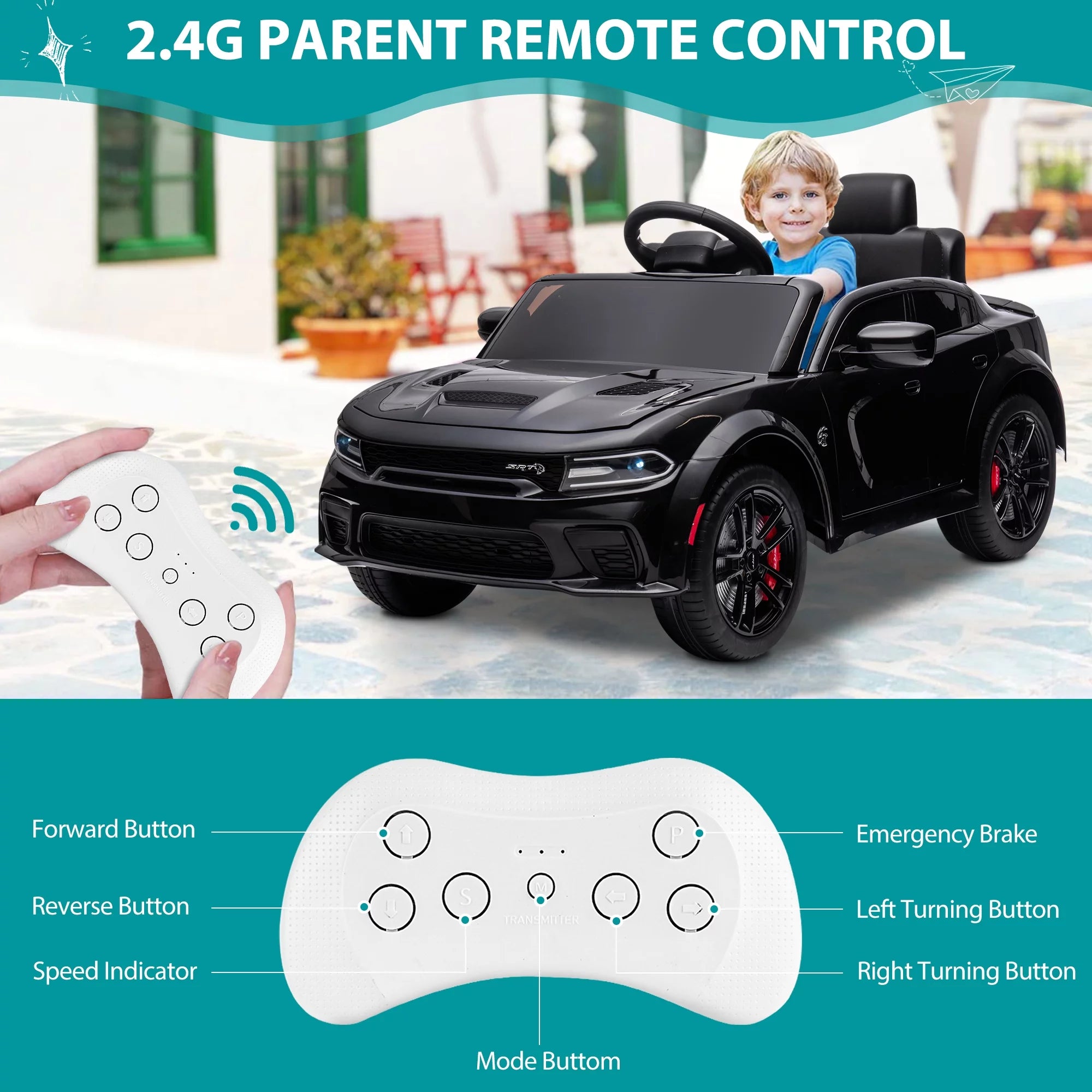 12V Black Dodge Charger Ride On Car with Remote Control, Kids Electric Toy with Bluetooth and LED Light N9460