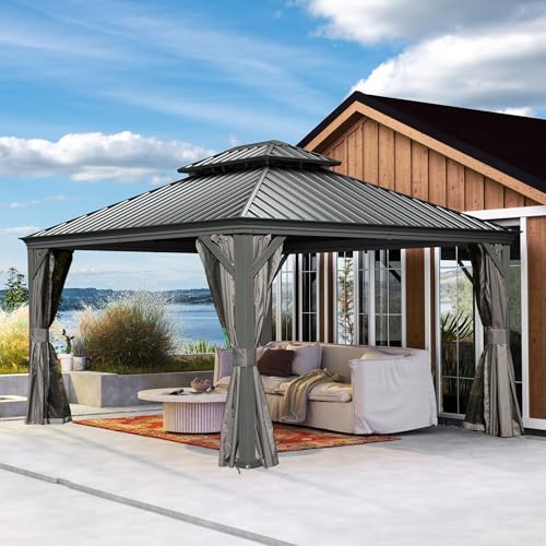 10 x 10 ft Hardtop Gazebo with Netting and Curtains, Galvanized Steel Roof for Patio K80436