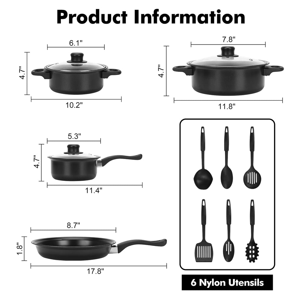 Non-Stick Cookware Set, 13 Piece, Portable Cast Iron Pots and Pans with Glass Lids T916424