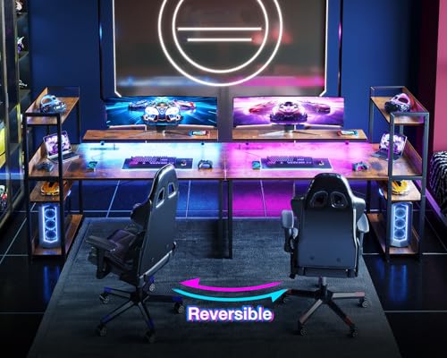Reversible Gaming Desk with USB Charging Port and LED Lights, 40 Inch Computer Desk with Storage Shelves M571