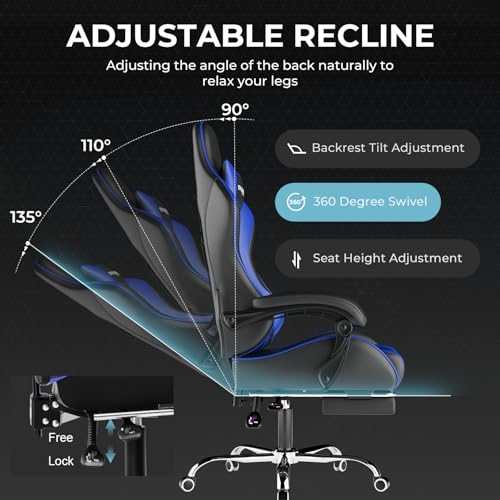 Gaming Chair with Footrest and Lumbar Support, Height Adjustable, Blue Y9034