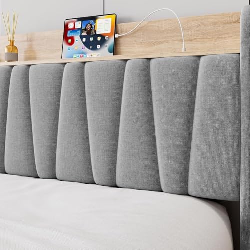 Queen Size Bed Frame with Storage Headboard and Drawers, Beige D3599