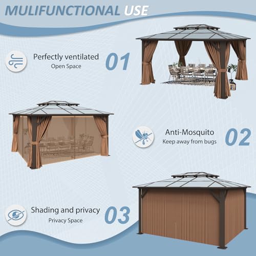 12x14 ft Hardtop Gazebo with Aluminum Frame, Curtains and Netting O271