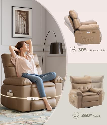 Electric Swivel Massage Chair, Power Rocking Recliner with Vibration and Heating, PU Leather Single Sofa with USB Port T171945