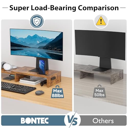 Dual Monitor Stand Riser with Smartphone Holder, Adjustable Wooden Desk Organizer B984
