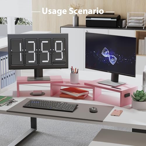 Dual Monitor Stand Riser with Smartphone Holder, Adjustable Wooden Desk Organizer B984