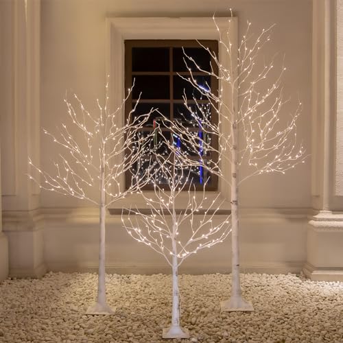 Lighted Birch Tree Set 4ft, 6ft and 8ft with Warm White LED Lights for Holiday Decor Y74695