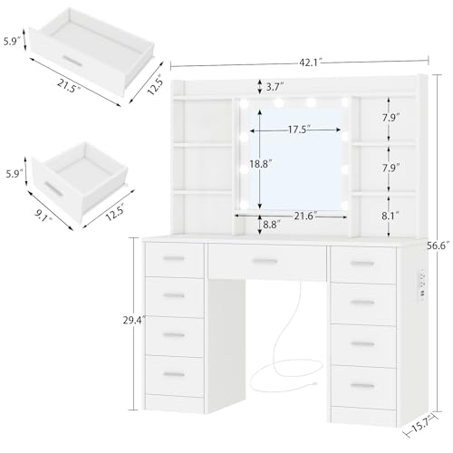 Vanity Desk with Mirror and Lights, 9 Drawers, 6 Open Shelves, Adjustable Brightness, White J50562