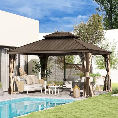 10 x 10 ft Hardtop Gazebo with Netting and Curtains, Galvanized Steel Roof for Patio K80436