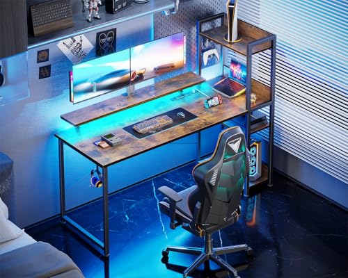 Reversible Gaming Desk with USB Charging Port and LED Lights, 40 Inch Computer Desk with Storage Shelves M571