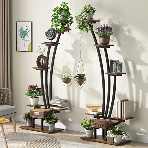 6-Tier Tall Plant Stand, Metal Curved Display Shelf with Hanging Hooks V22276