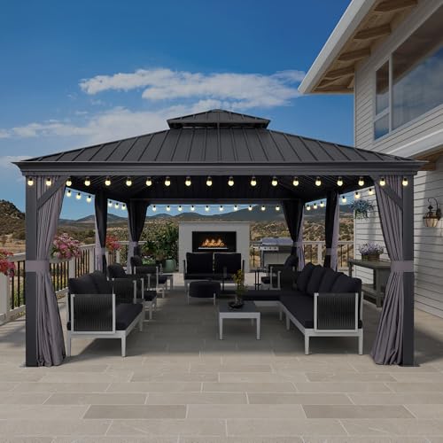 10' x 14' Permanent Hardtop Gazebo with Galvanized Steel Double Roof, Curtains and Netting Included M871