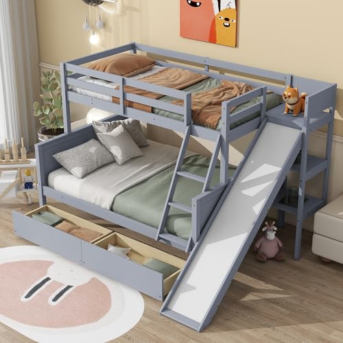 Twin Over Full Size Wooden Bunk Bed with Slide and Storage Stairs N394