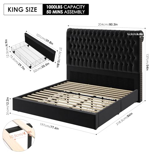 Velvet Upholstered King Bed Frame with Tall Headboard and Storage Drawers V8658