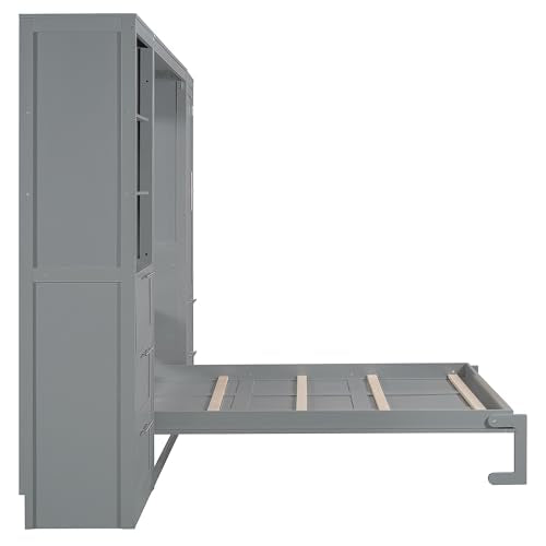 Murphy Bed Queen Size with Built-in Shelves, Storage Drawers and Wardrobe, Grey A491