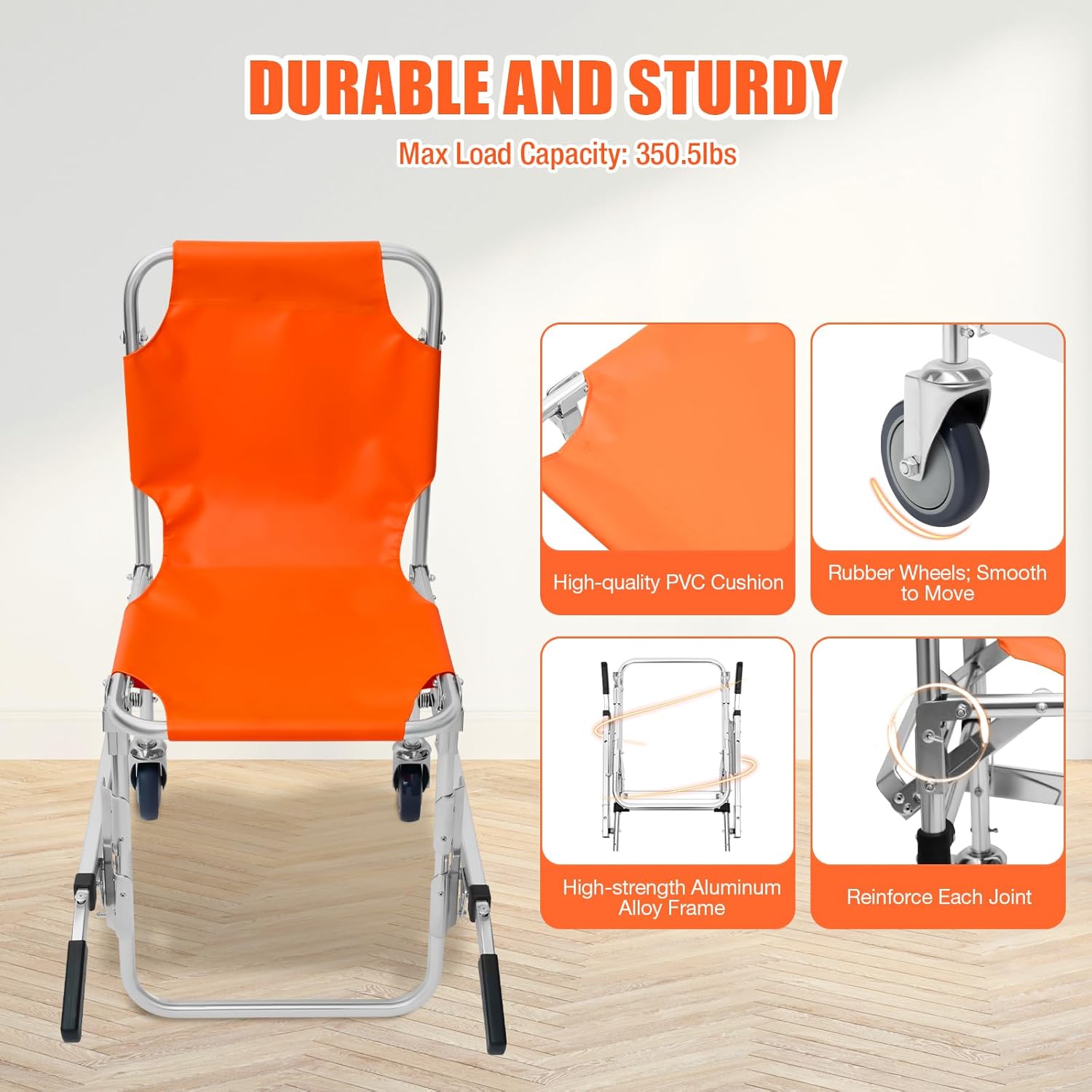 Stair Chair 2-Wheel Orange Foldable Transport Wheelchair for Hospitals M6639