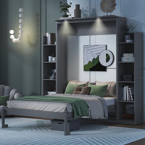 Full Size Murphy Bed with Shelves and LED Lights Y757881
