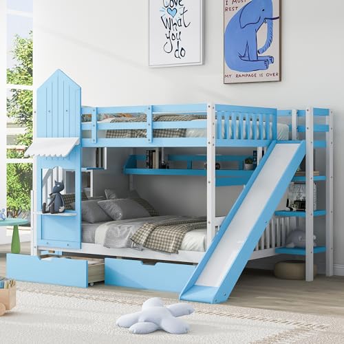 Kids Bunk Bed with Stairs and Slide, Twin Over Twin, Gray O540