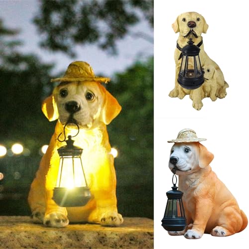 Resin Dog Statue with Straw Hat and Solar Lantern for Garden Yard Decor M4436