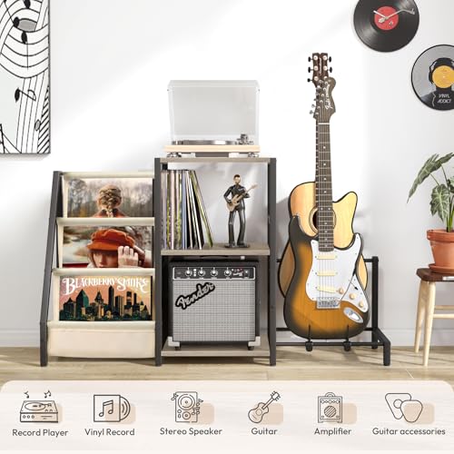 Record Player Stand with Guitar and Vinyl Storage J9238