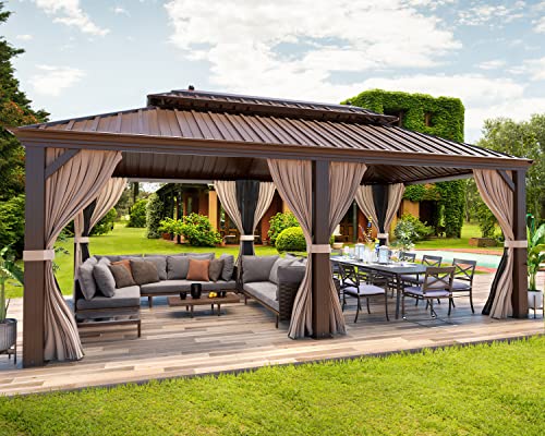 12x16 ft Hardtop Gazebo with Double Roof, Curtains and Netting T94173