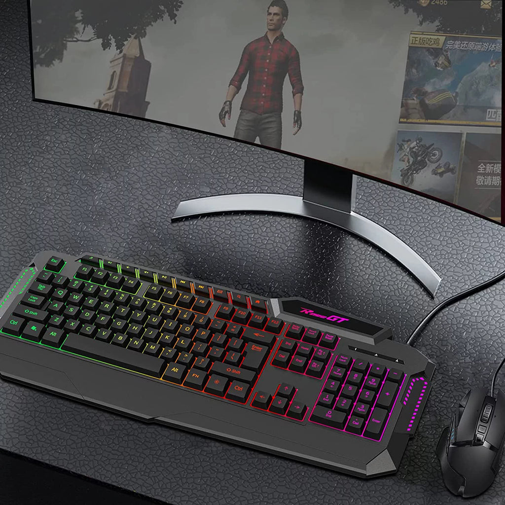 Gaming Keyboard, 114 Keys Wired, Rainbow LED Backlit, Quiet, with Wrist Rest J66393