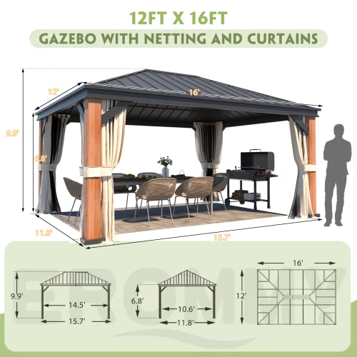 12x20 ft Hardtop Gazebo Double Roof Galvanized Steel Canopy Outdoor Aluminum Frame with Netting and Curtains X191579