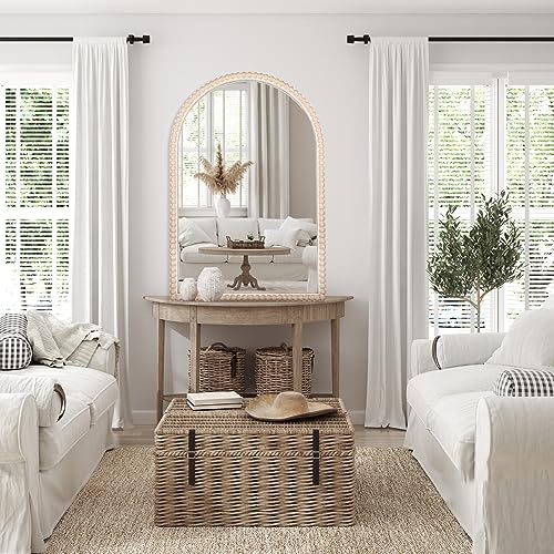 24"x36" Arch Wall Mirror with White Wooden Beads, Rustic Distressed P639802
