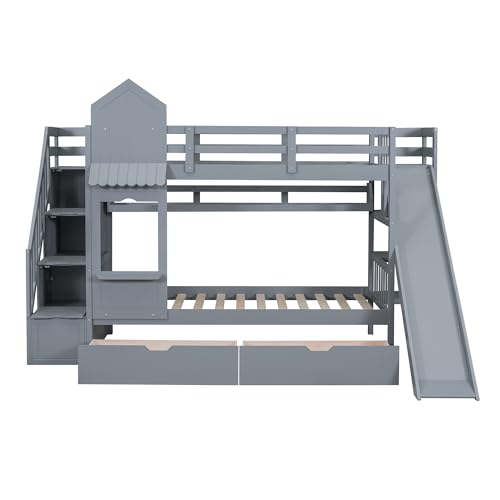 Twin Over Twin Bunk Bed with Stairs and Slide, Solid Wood Frame with Storage B8483