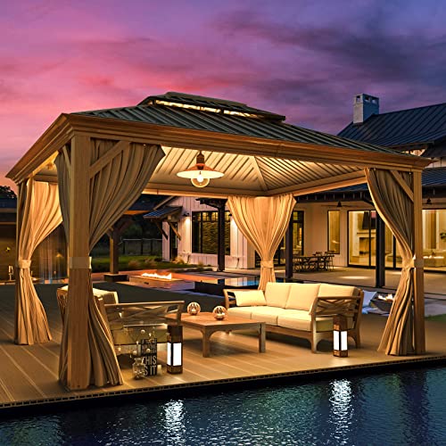 12x16 ft Hardtop Gazebo with Double Roof, Curtains and Netting T94173