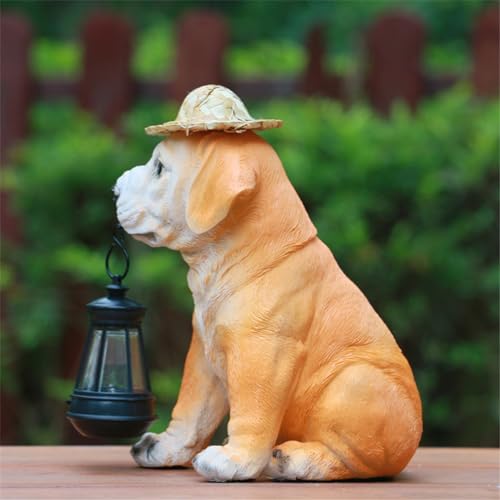 Resin Dog Statue with Straw Hat and Solar Lantern for Garden Yard Decor M4436