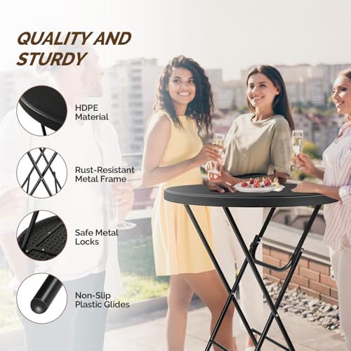 Folding Round Table Bar Height, HDPE with Gray Metal Finish, Black M940225