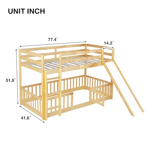 Twin Over Full Size Wooden Bunk Bed with Slide and Storage Stairs N394