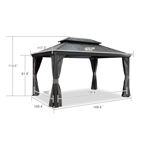 10' x 14' Permanent Hardtop Gazebo with Galvanized Steel Double Roof, Curtains and Netting Included M871