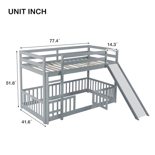 Twin Over Full Size Wooden Bunk Bed with Slide and Storage Stairs N394