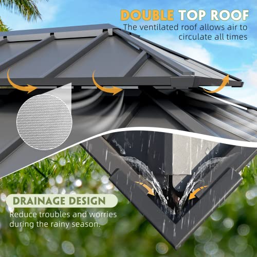 12x20 ft Hardtop Gazebo Double Roof Galvanized Steel Canopy Outdoor Aluminum Frame with Netting and Curtains X191579