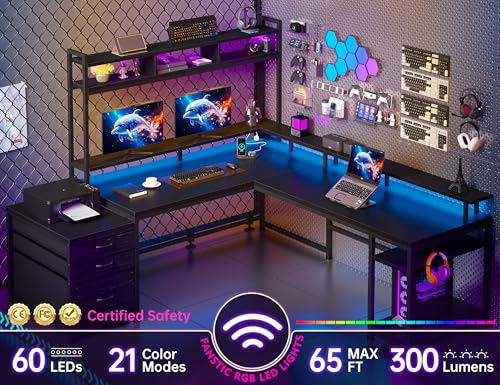 Large L Shaped Gaming Desk with Hutch and Drawers, 64" Reversible Computer Desk with Storage Shelves, Monitor Stand and LED Light for Home Office, Power Outlets, White V6783