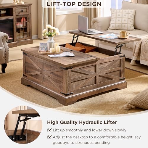 Farmhouse Lift Top Coffee Table with Storage, 36" Wood Square Center Table, Light Brown V399