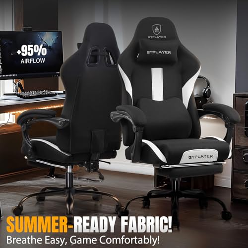 Gaming Chair Ergonomic Office Chair with Foot Rest, Breathable Fabric Computer Chair with Headrest and Lumbar Support O7023