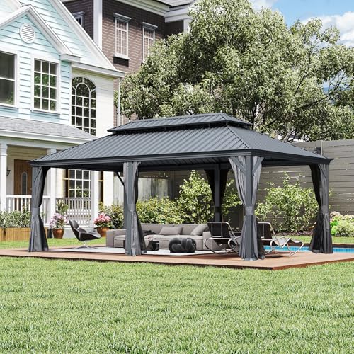 10 x 10 ft Hardtop Gazebo with Netting and Curtains, Galvanized Steel Roof for Patio K80436