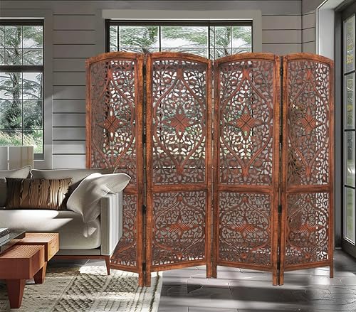 4 Panel Folding Wood Room Divider, Antique Brown, 72 x 80 P209