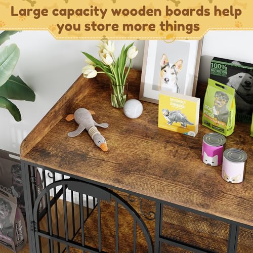 Large Dog Crate Furniture with Chew-Resistant Finish, Indoor Wooden Kennel with Storage N430